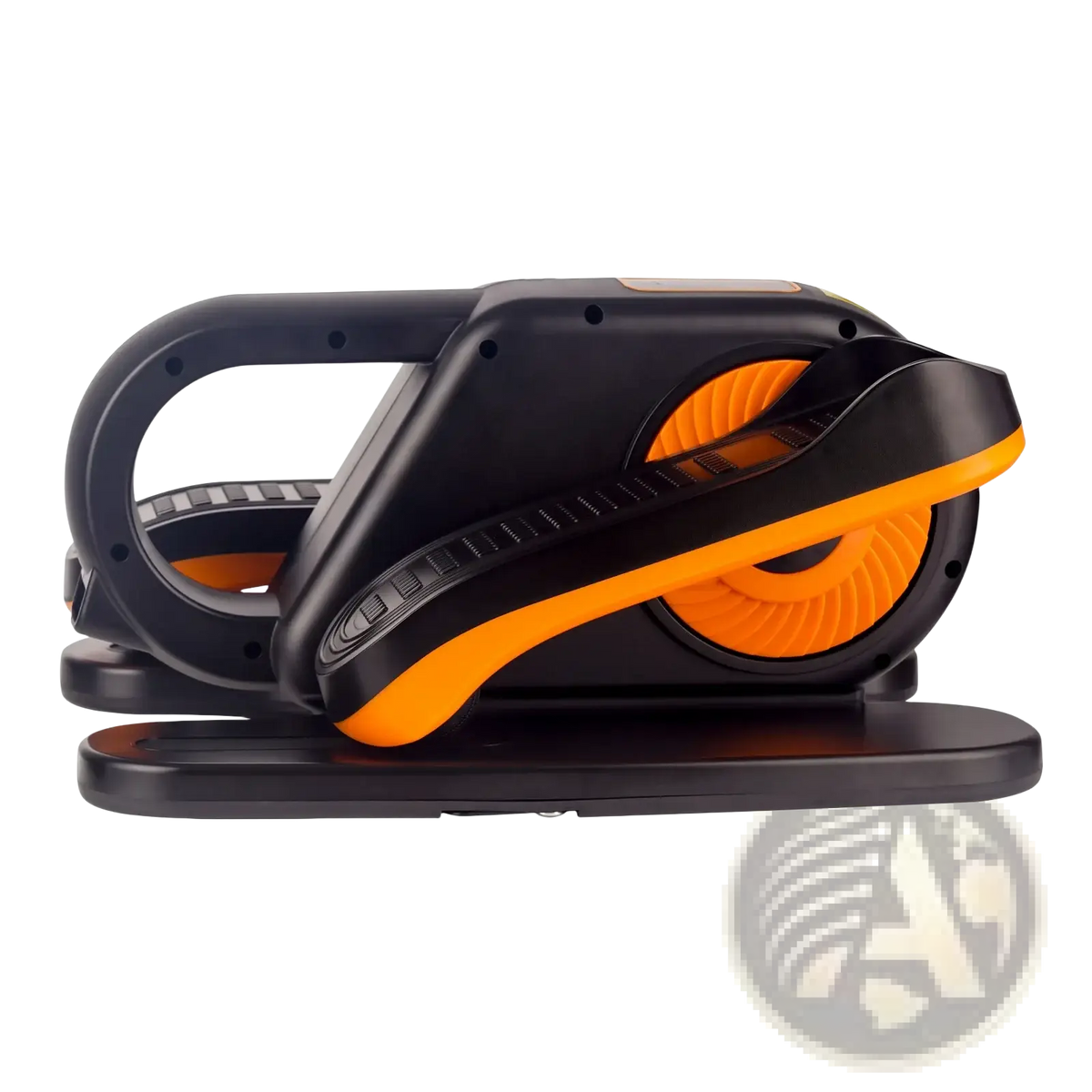 Compact under desk electric elliptical trainer in black and orange with textured grip handles and modern design