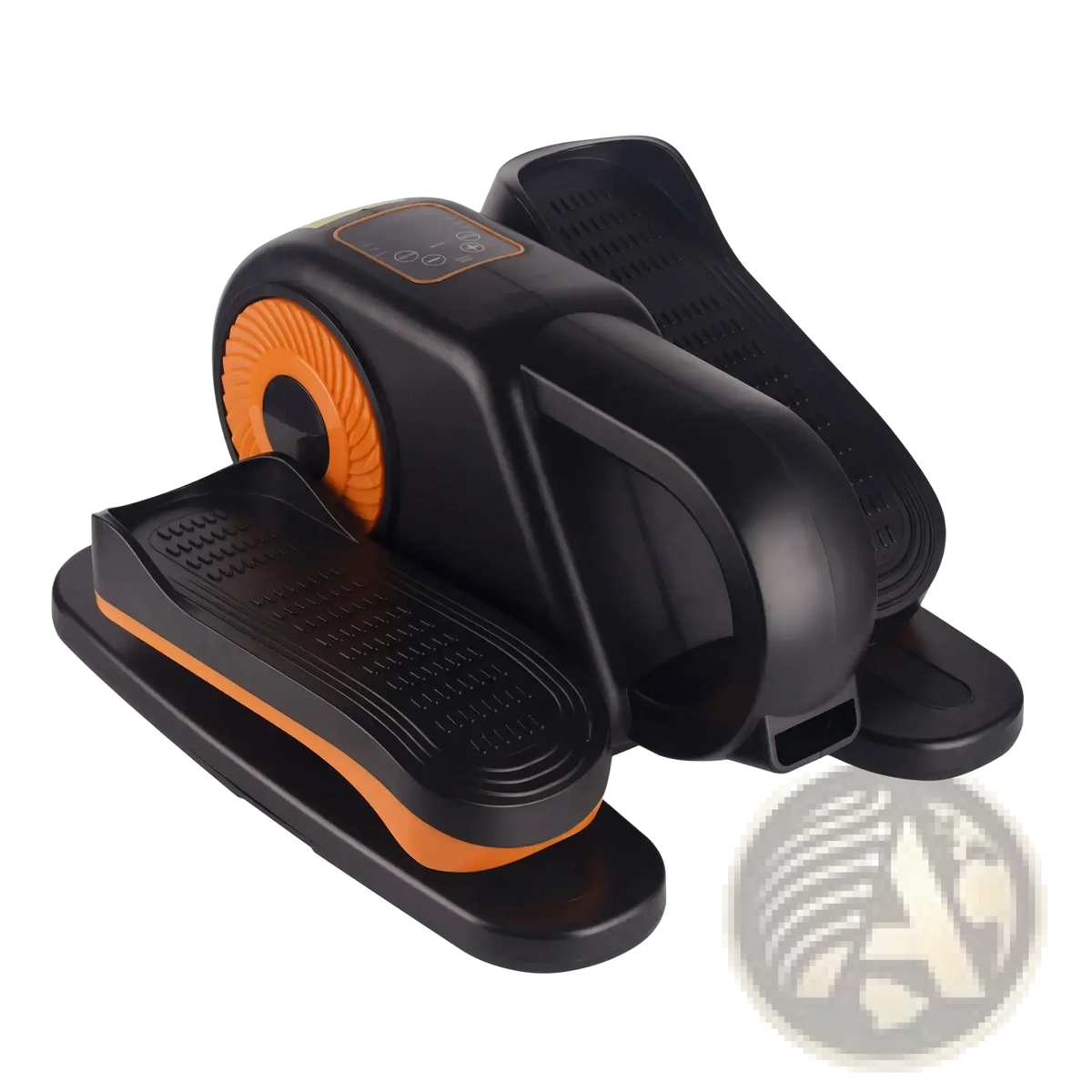 Compact under desk electric elliptical trainer in black and orange with textured foot pedals and digital control panel
