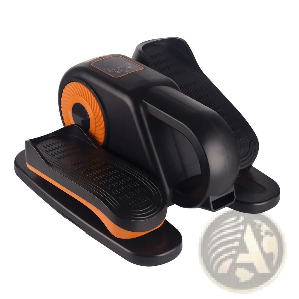 Compact under desk electric elliptical trainer in black and orange with textured foot pedals and digital display panel
