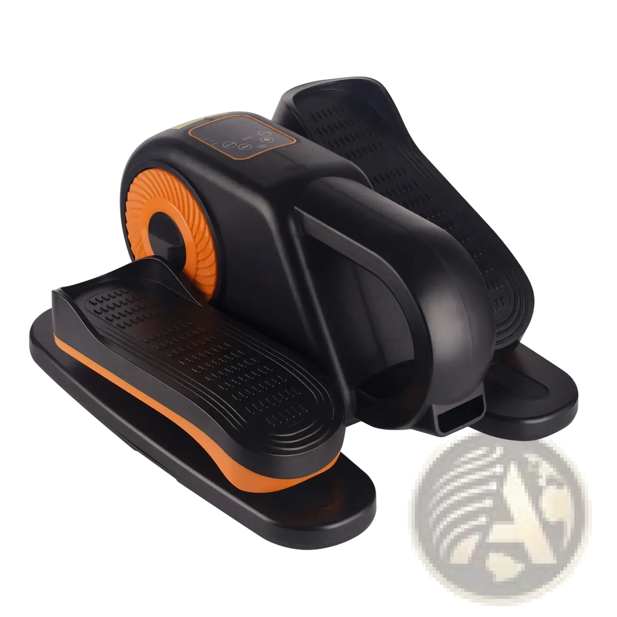 Compact under desk electric elliptical trainer in black and orange with textured foot pedals and digital display panel
