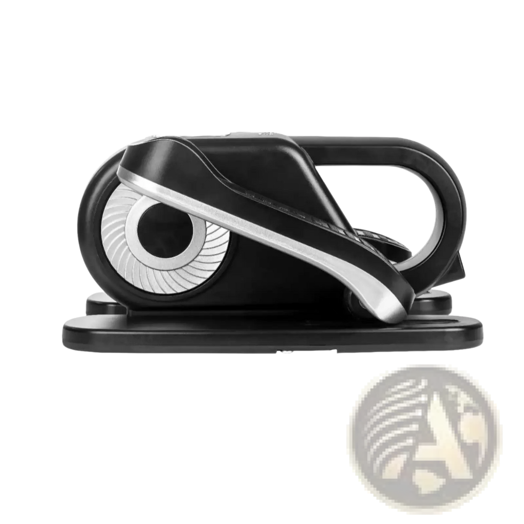 Black and silver compact under desk electric elliptical trainer with sleek modern design for home or office use