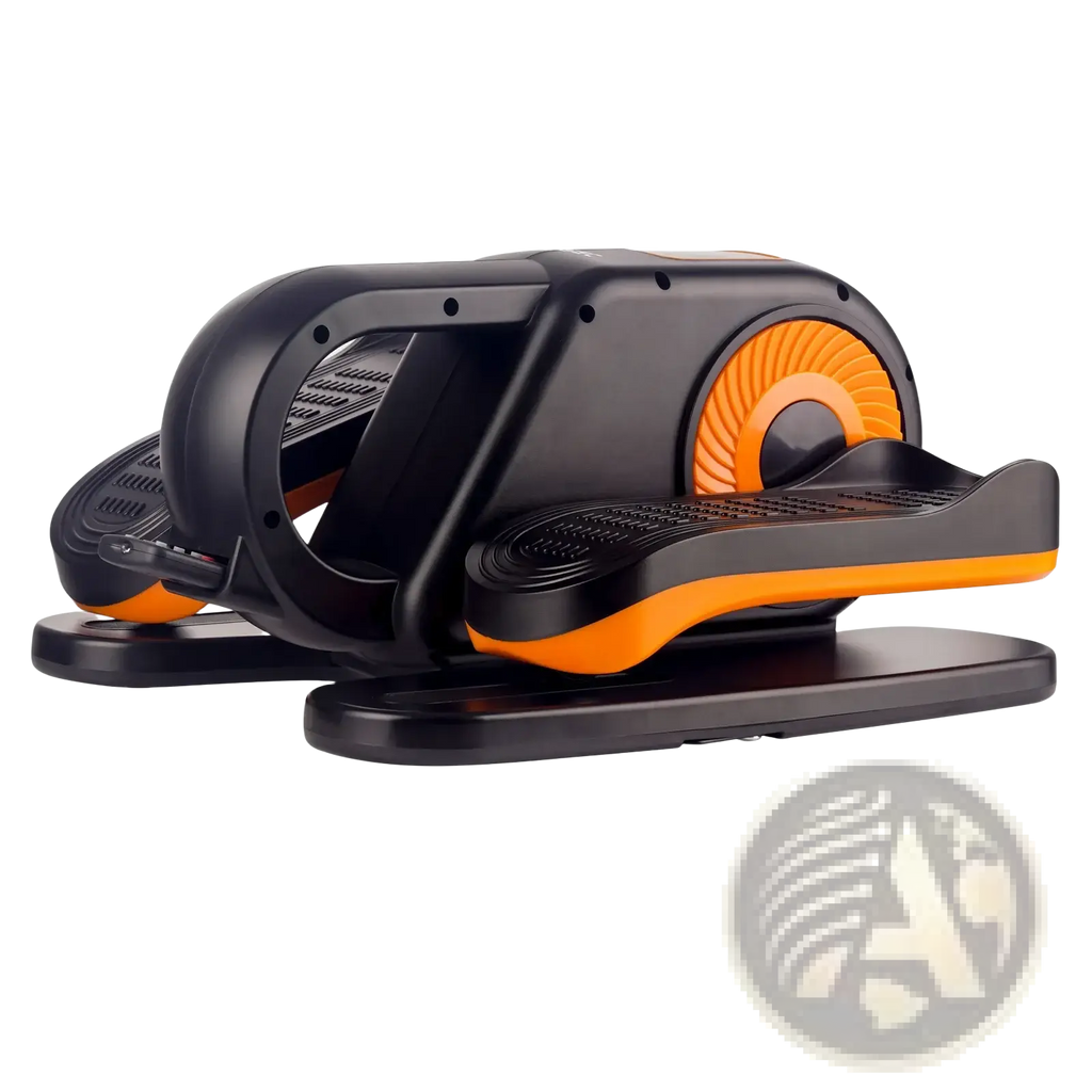 Compact under desk electric elliptical trainer in black and orange with textured foot pedals and circular resistance wheel