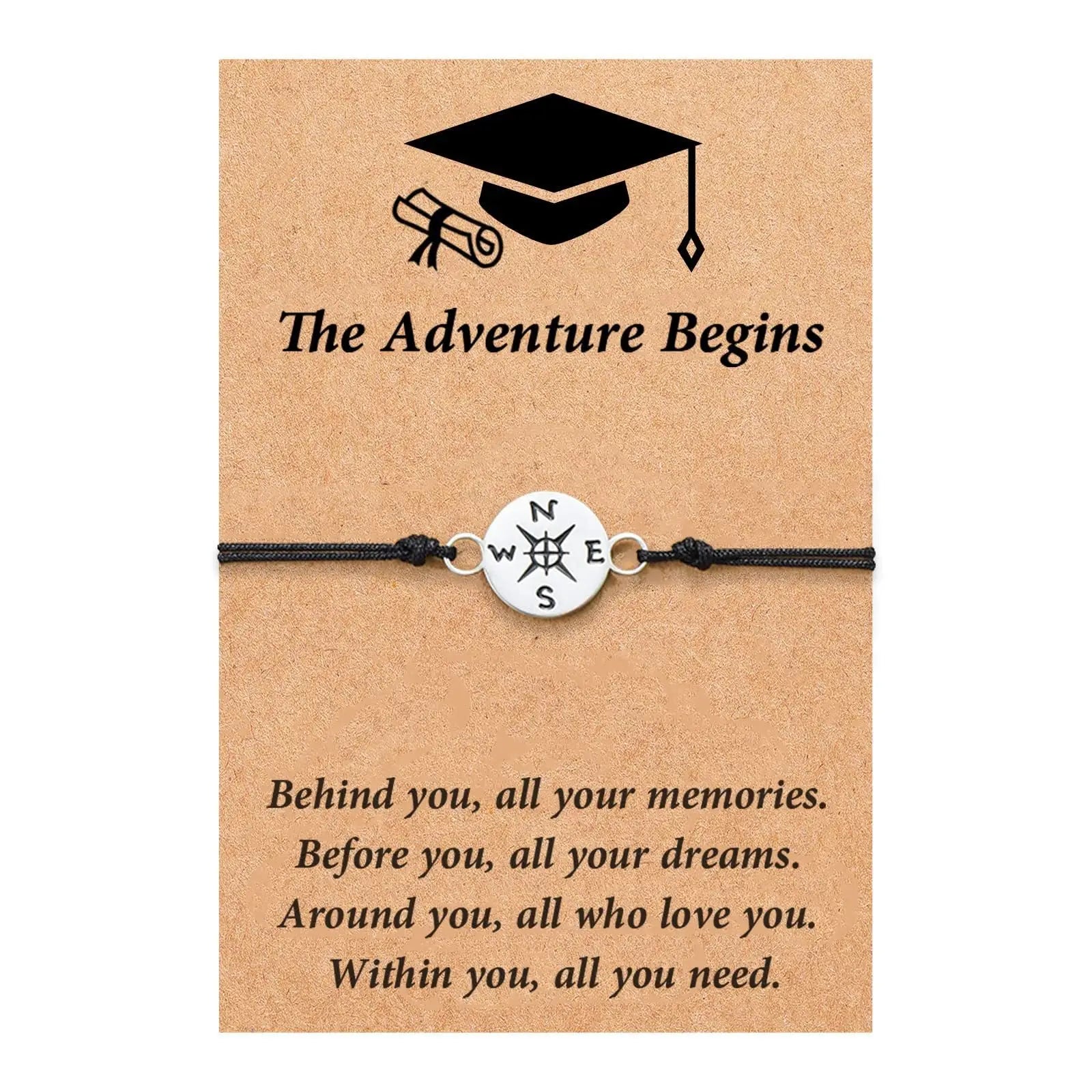 Silver compass charm graduation adventure bracelet with black cord on kraft card featuring graduation icons