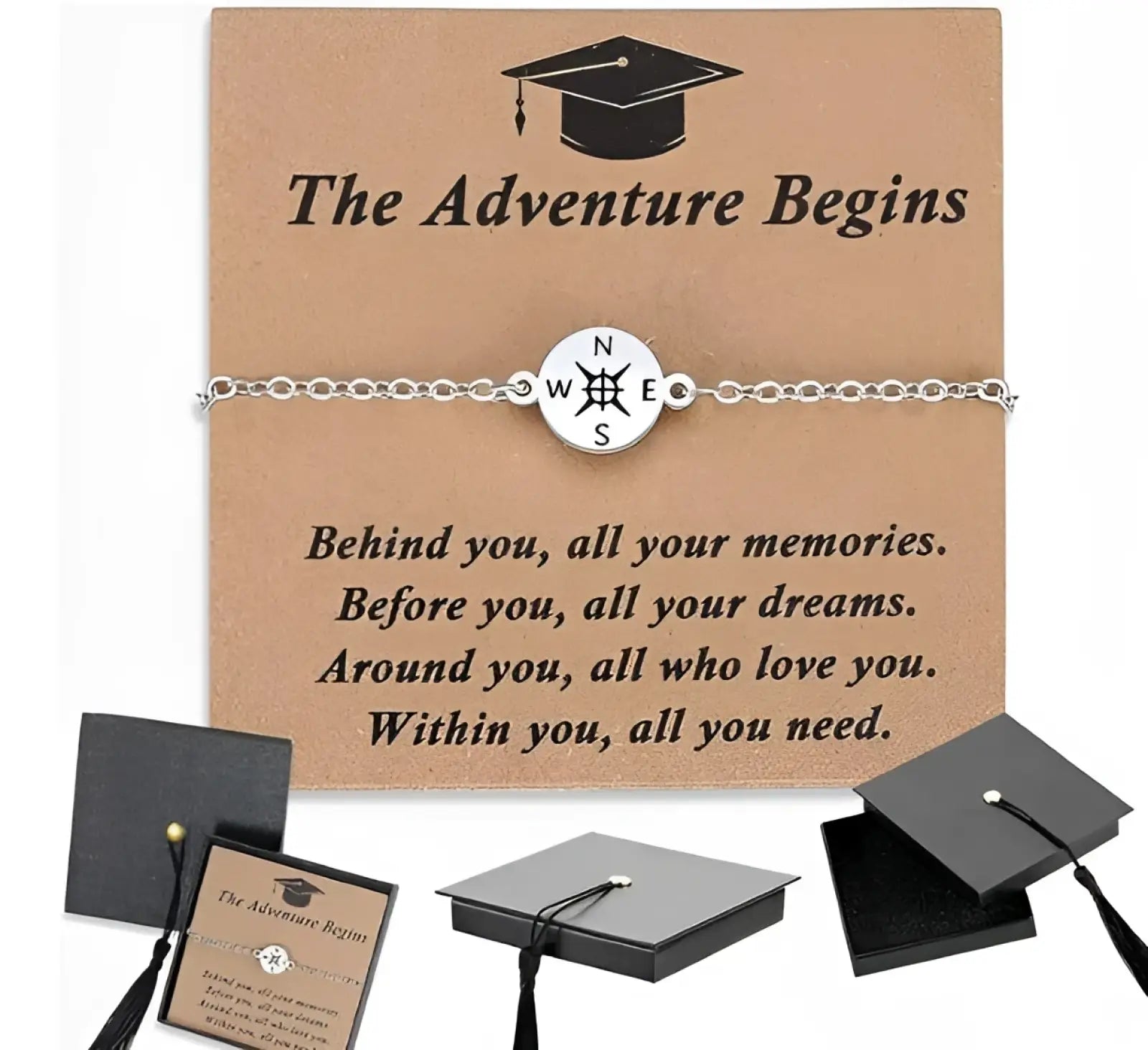 Silver compass charm graduation adventure cord bracelet with circular cardinal directions design and delicate chain