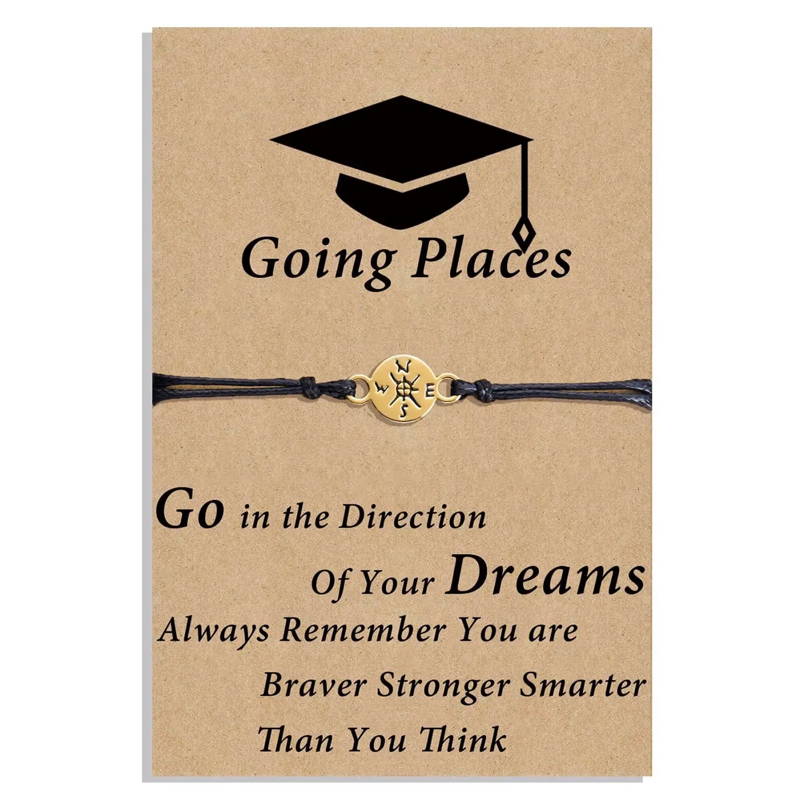 Gold-colored compass charm graduation adventure bracelet with black cord for meaningful everyday wear