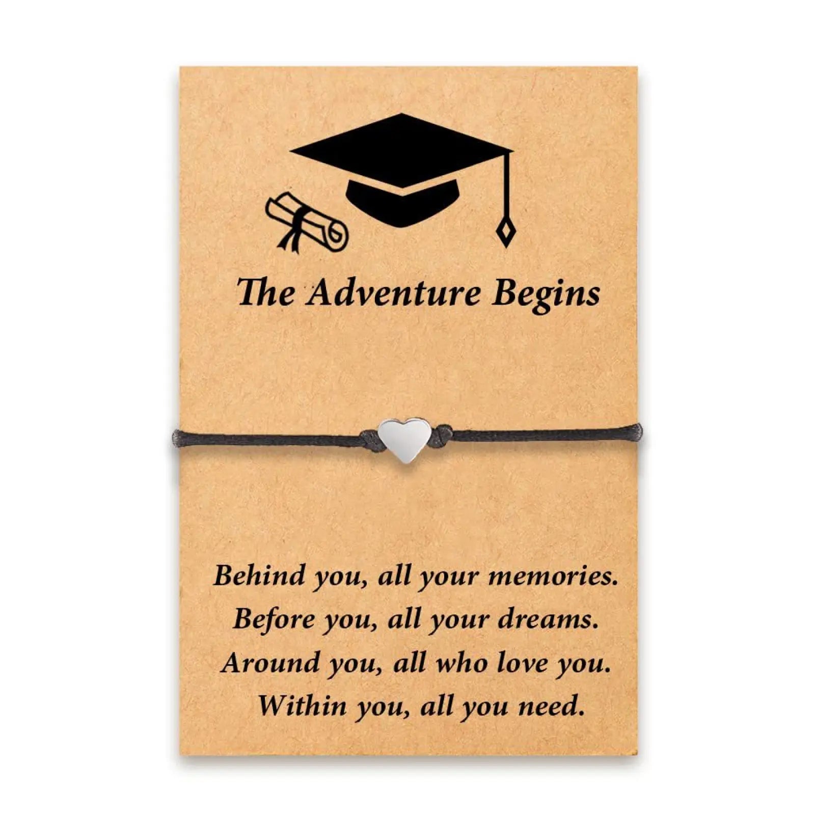 Silver heart charm bracelet with black cord on kraft card featuring graduation cap and diploma for graduation gift