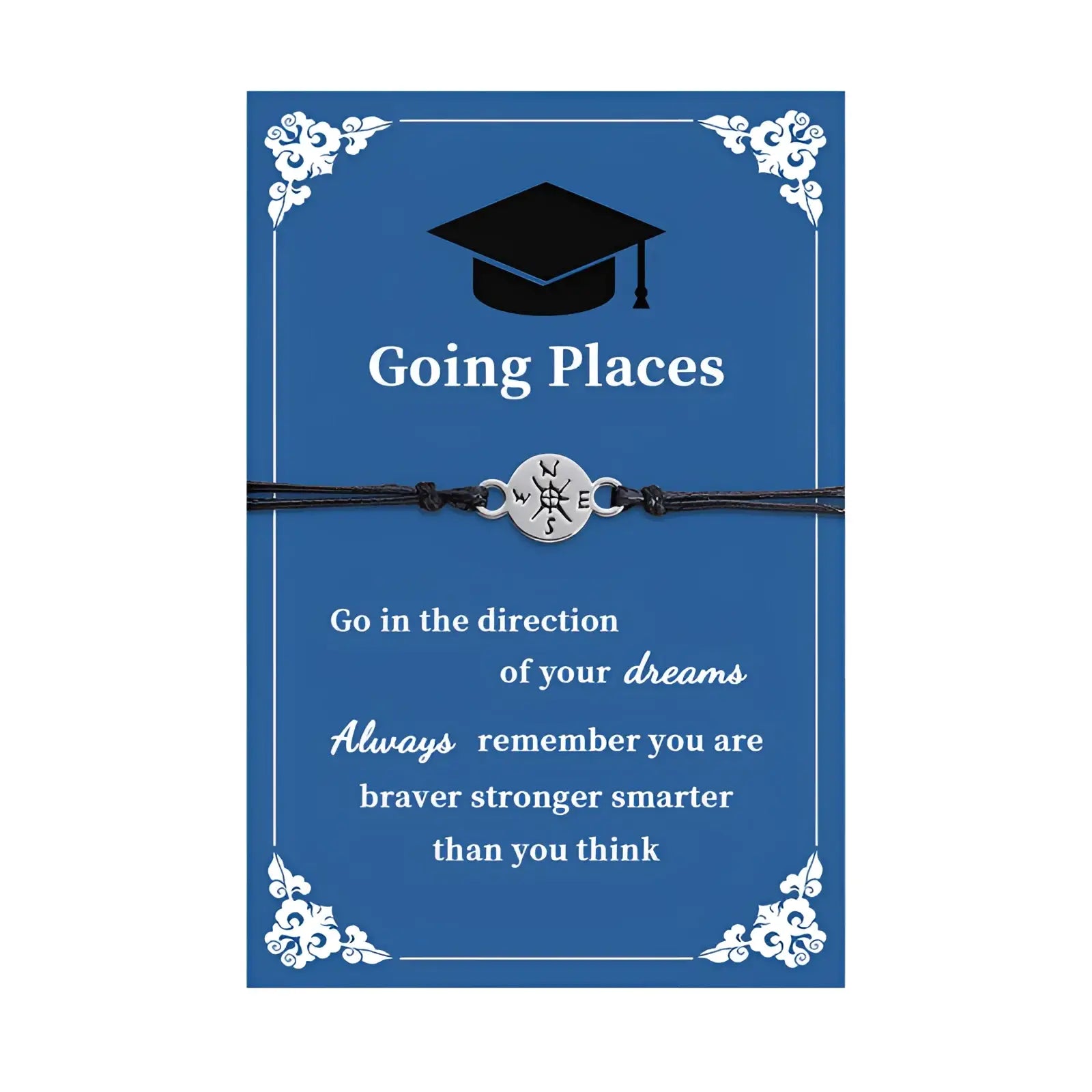 Black graduation cap-themed cord bracelet with a silver compass charm designed for graduation adventure celebration