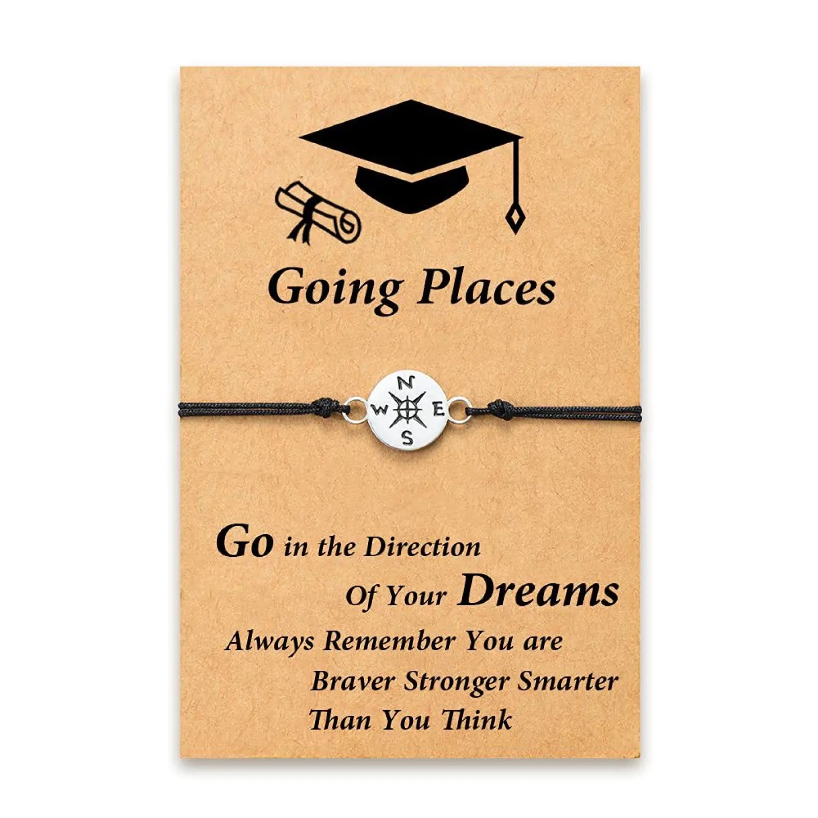 Silver compass charm graduation adventure cord bracelet with black cord on kraft paper card with graduation graphics