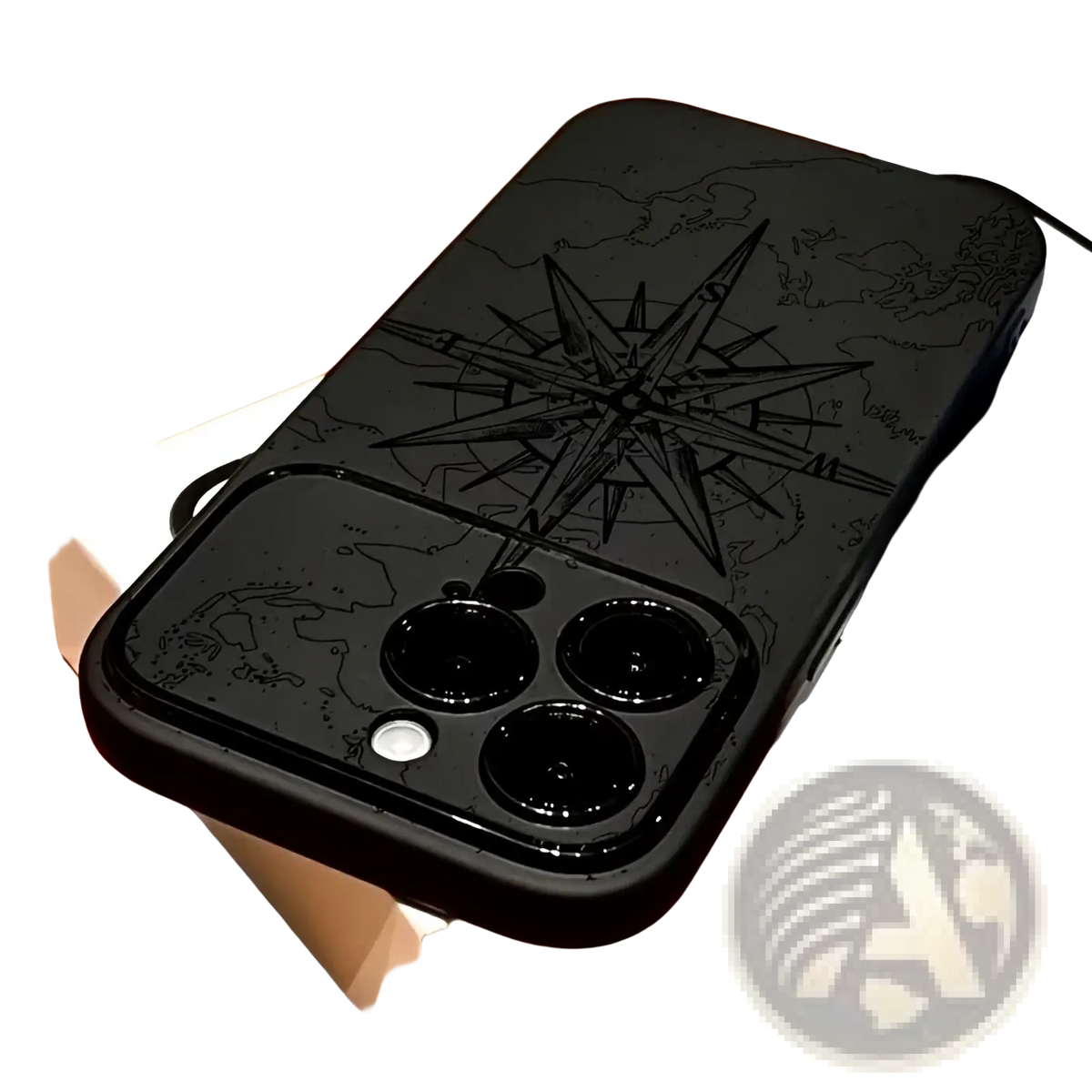 Black shockproof matte iphone case with engraved compass and world map design on the back side