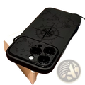 Black shockproof matte iphone case showing the back side with a subtle engraved world map and compass design