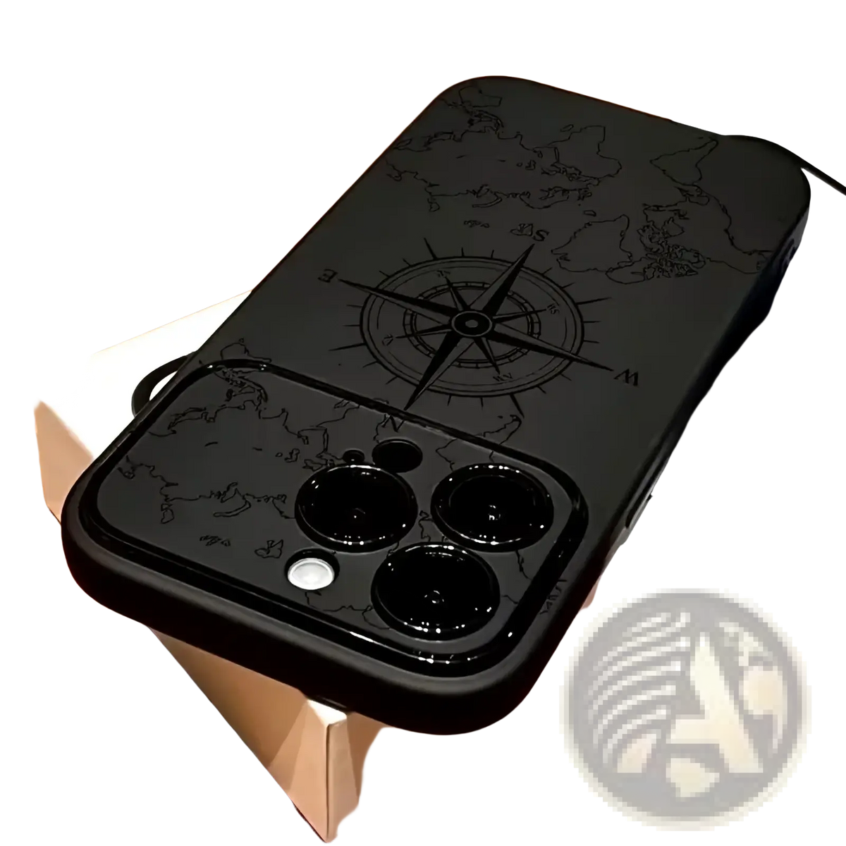 Black shockproof matte iphone case showing the back side with a subtle engraved world map and compass design