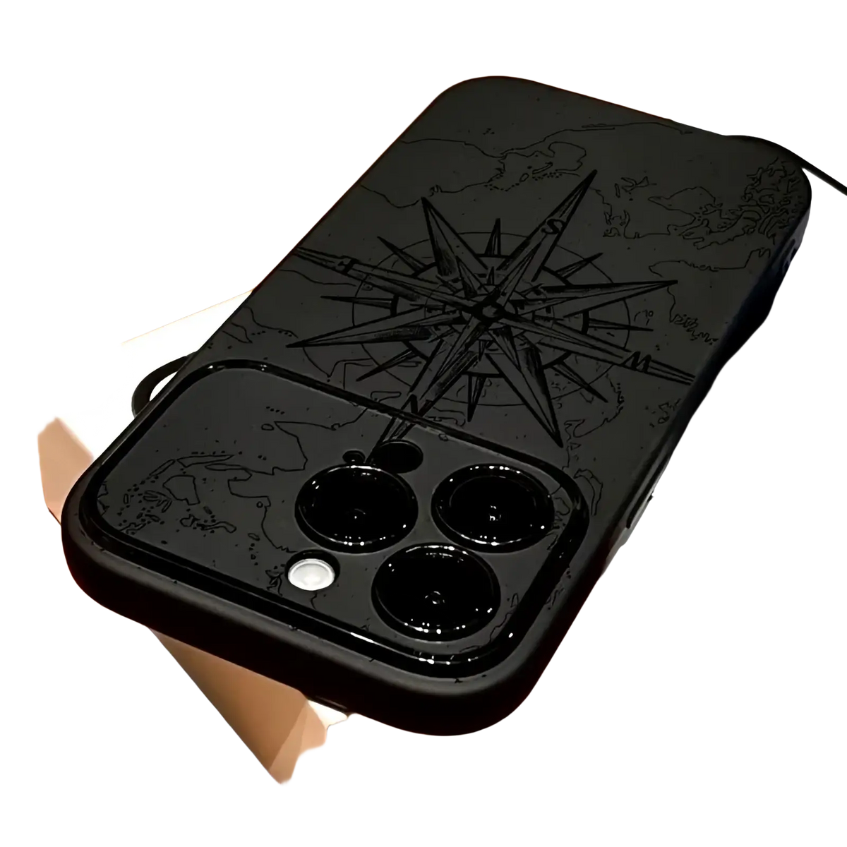 Black shockproof matte iphone case with engraved compass and world map design on the back side