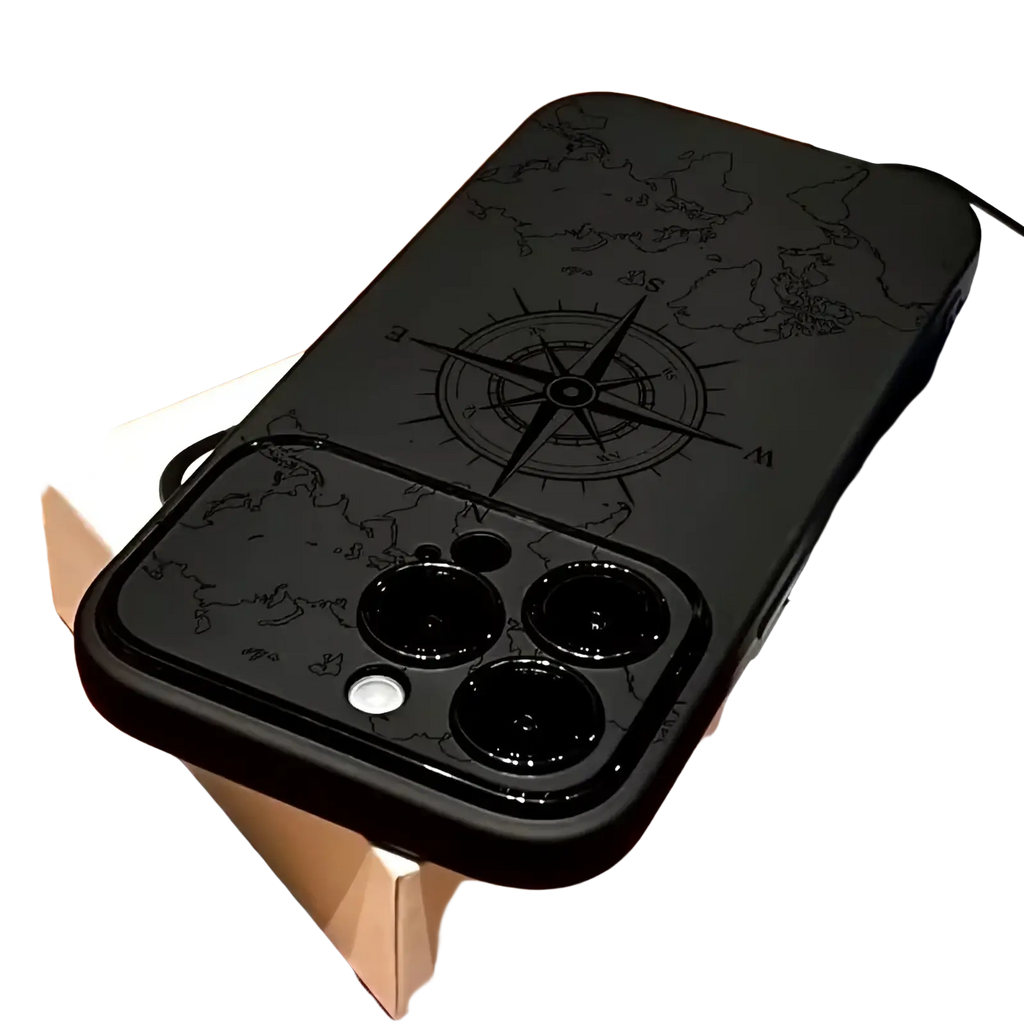 Black shockproof matte iphone case showing the back side with a subtle engraved world map and compass design