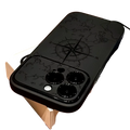 Black shockproof matte iphone case showing the back side with a subtle engraved world map and compass design