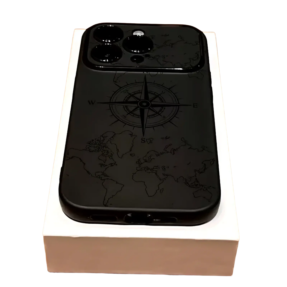Black shockproof matte iphone case with world map and compass design shown from the back side