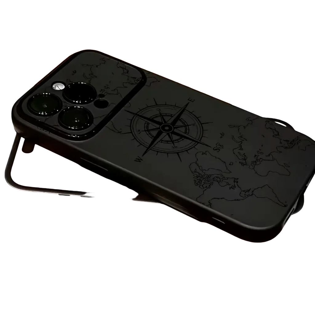 Black matte shockproof iphone case with engraved world map and compass design shown from the back side