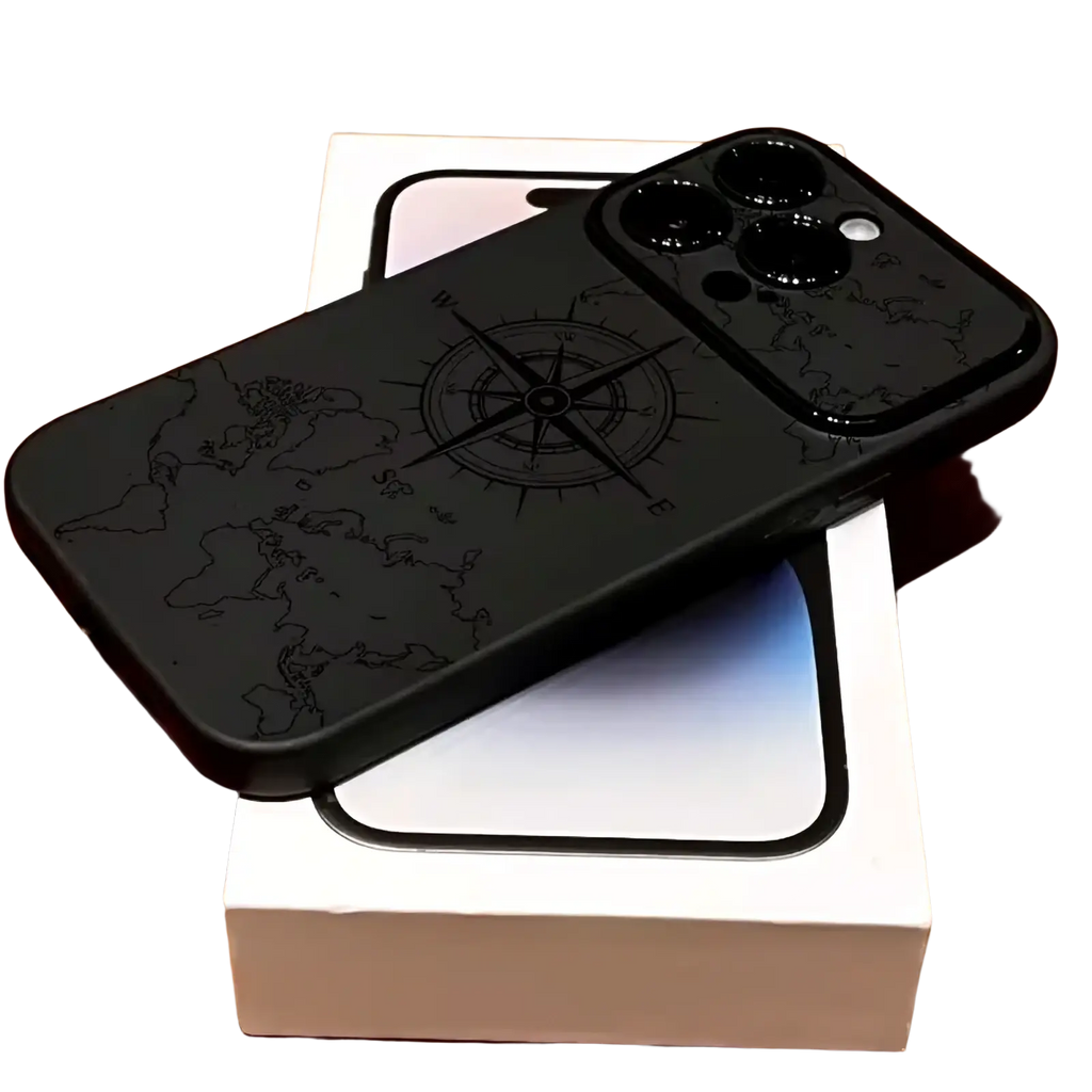 Black shockproof matte iphone case with engraved world map and compass design shown from the back side