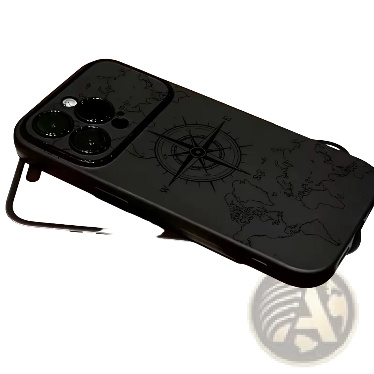 Black matte shockproof iphone case with engraved world map and compass design shown from the back side
