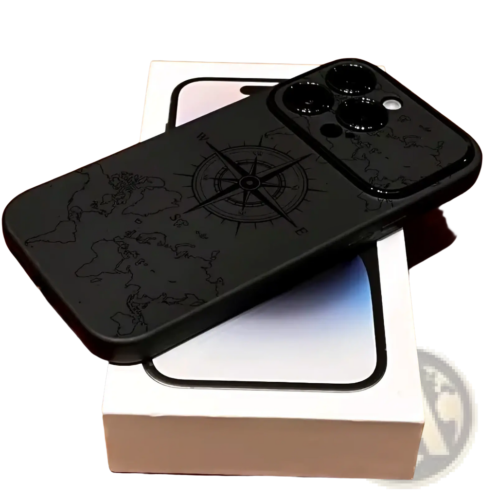 Black shockproof matte iphone case with engraved world map and compass design shown from the back side