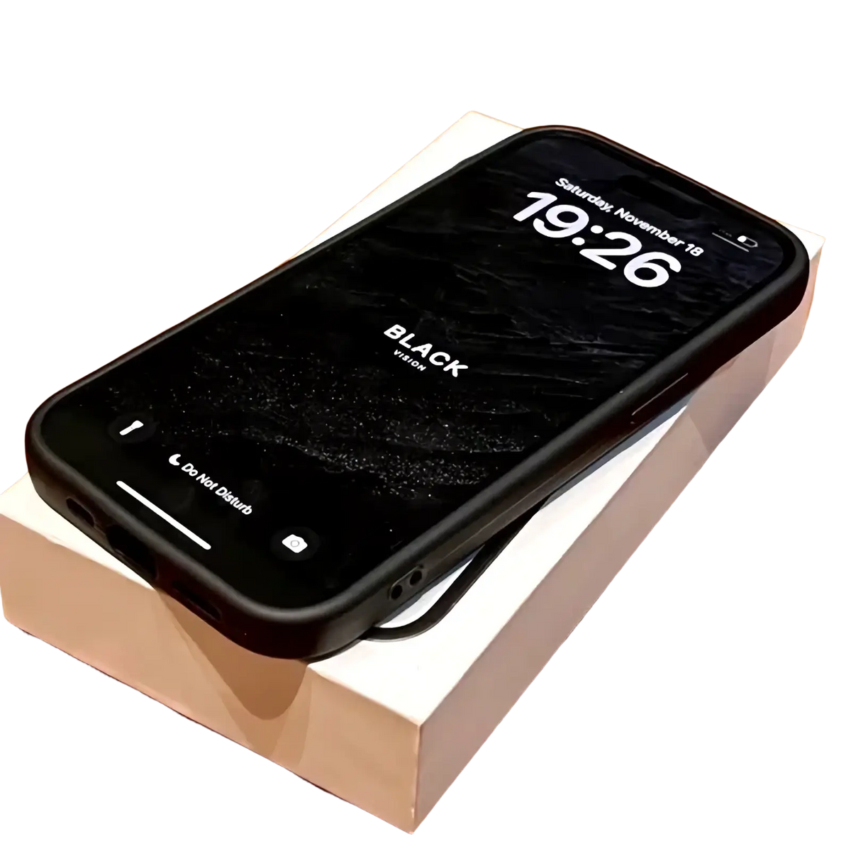 Black smartphone with a matte finish and rounded edges resting on its white retail box for compass map iphone case shockproof matte black