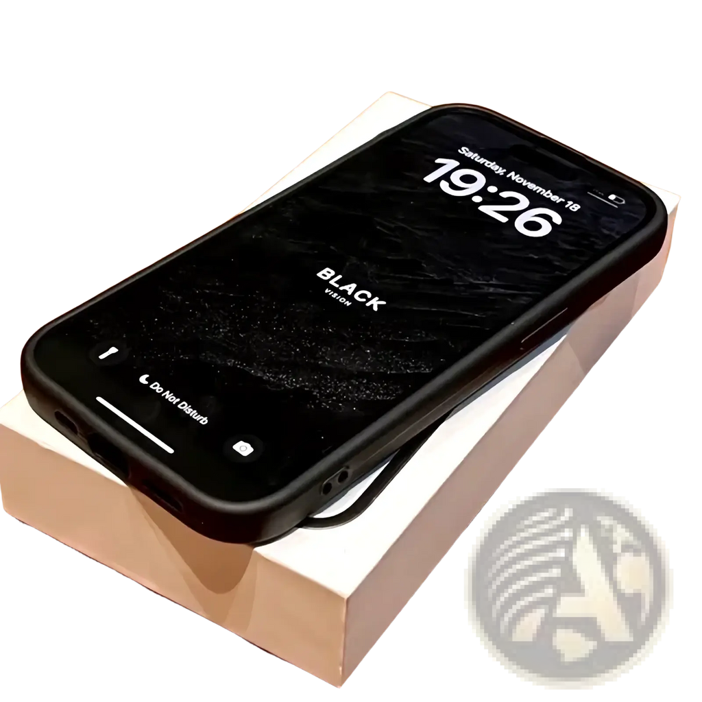 Black smartphone with a matte finish and rounded edges resting on its white retail box for compass map iphone case shockproof matte black