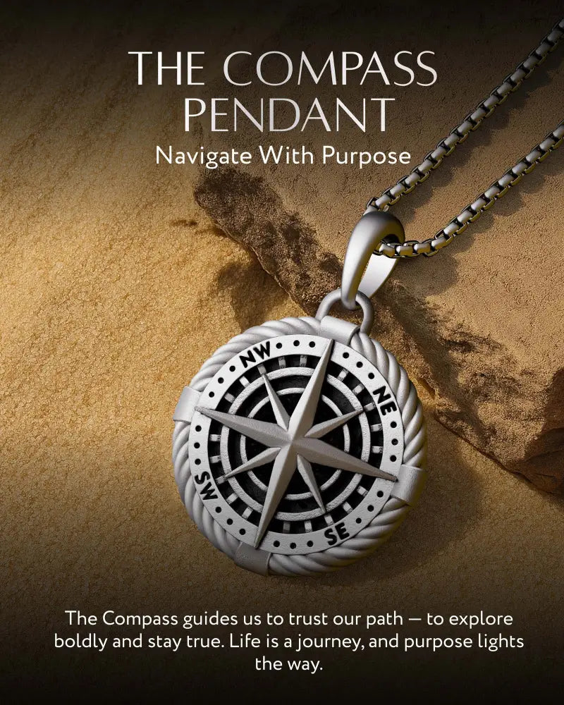 Silver compass locket necklace in stainless steel with detailed directional design and rope-textured edge on chain