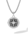 Silver compass locket necklace in stainless steel with black enamel detailing and rope-textured border on silver chain
