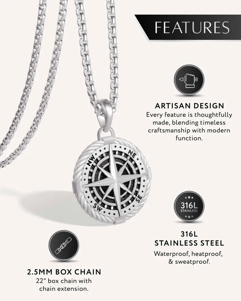Silver compass locket necklace in stainless steel with engraved cardinal directions and rope-textured border