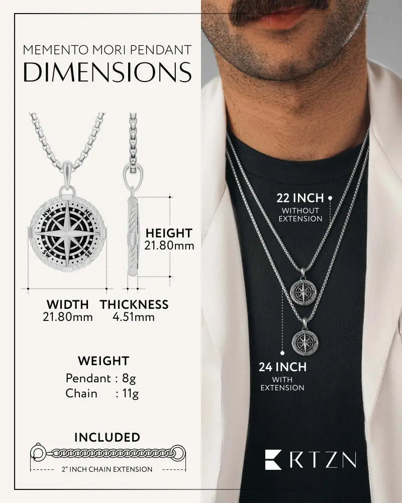 Silver compass locket necklace in stainless steel with detailed directional design and textured chain