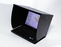 Black fabric universal anti-glare laptop sun hood with curved sides for 14 to 15 inch screens displaying desktop icons