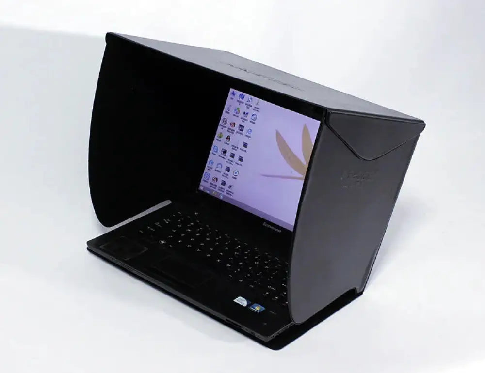 Black fabric universal anti-glare laptop sun hood with curved sides for 14 to 15 inch screens displaying desktop icons