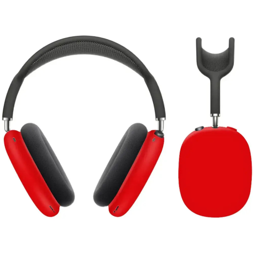 Red and black over-ear wireless headphones with sleek modern design featuring airpods max silicone protective case and earcup covers
