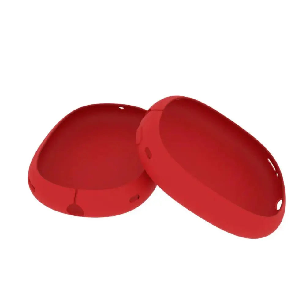 Red silicone protective case and earcup covers for apple airpods max headphones shown from the back side