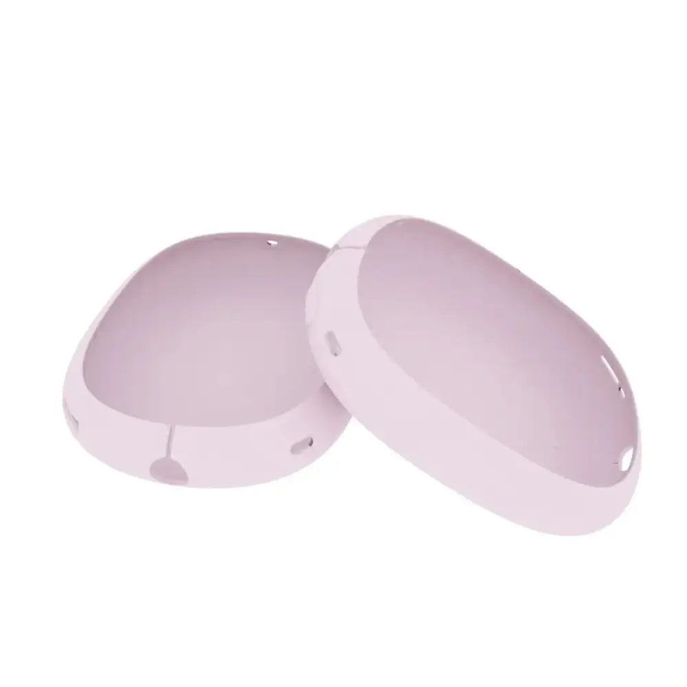 Pastel pink silicone protective case for apple airpods pro shown from the back in airpods max earcup covers product