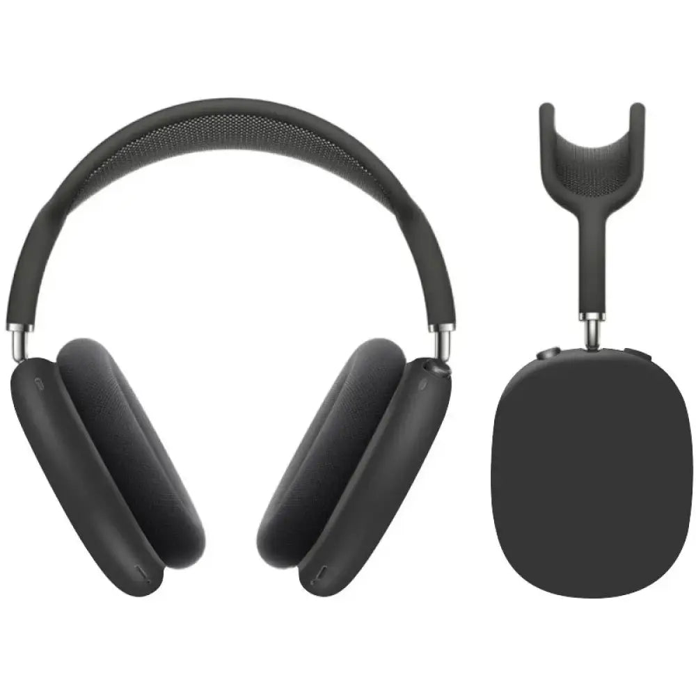 Black over-ear wireless headphones with sleek matte finish and silver accents shown with airpods max silicone protective case and earcup covers
