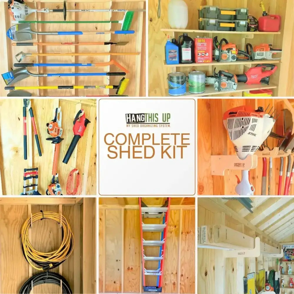 Wooden stud mounted garden tool wall organizer kit with multiple compartments for efficient outdoor storage