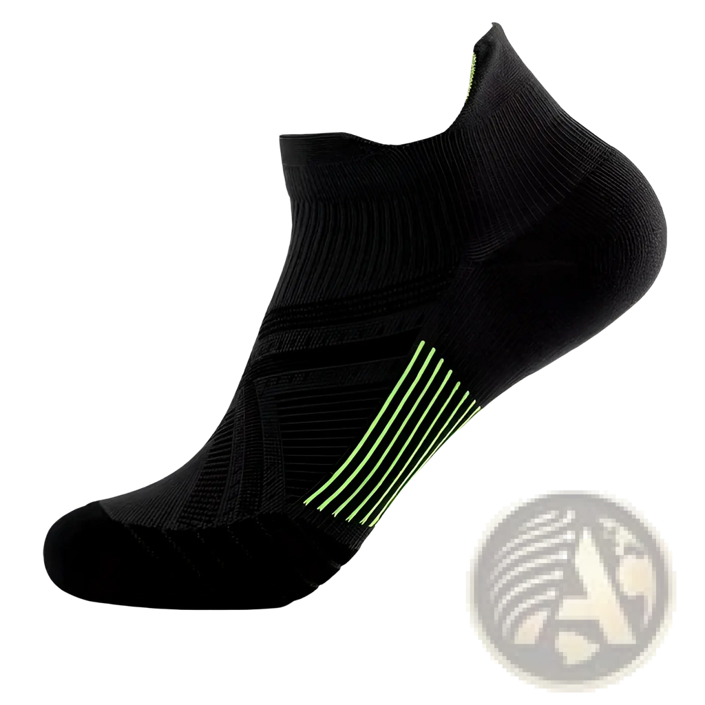 Black nylon compression athletic sock with neon green side stripes designed for soccer footwear use