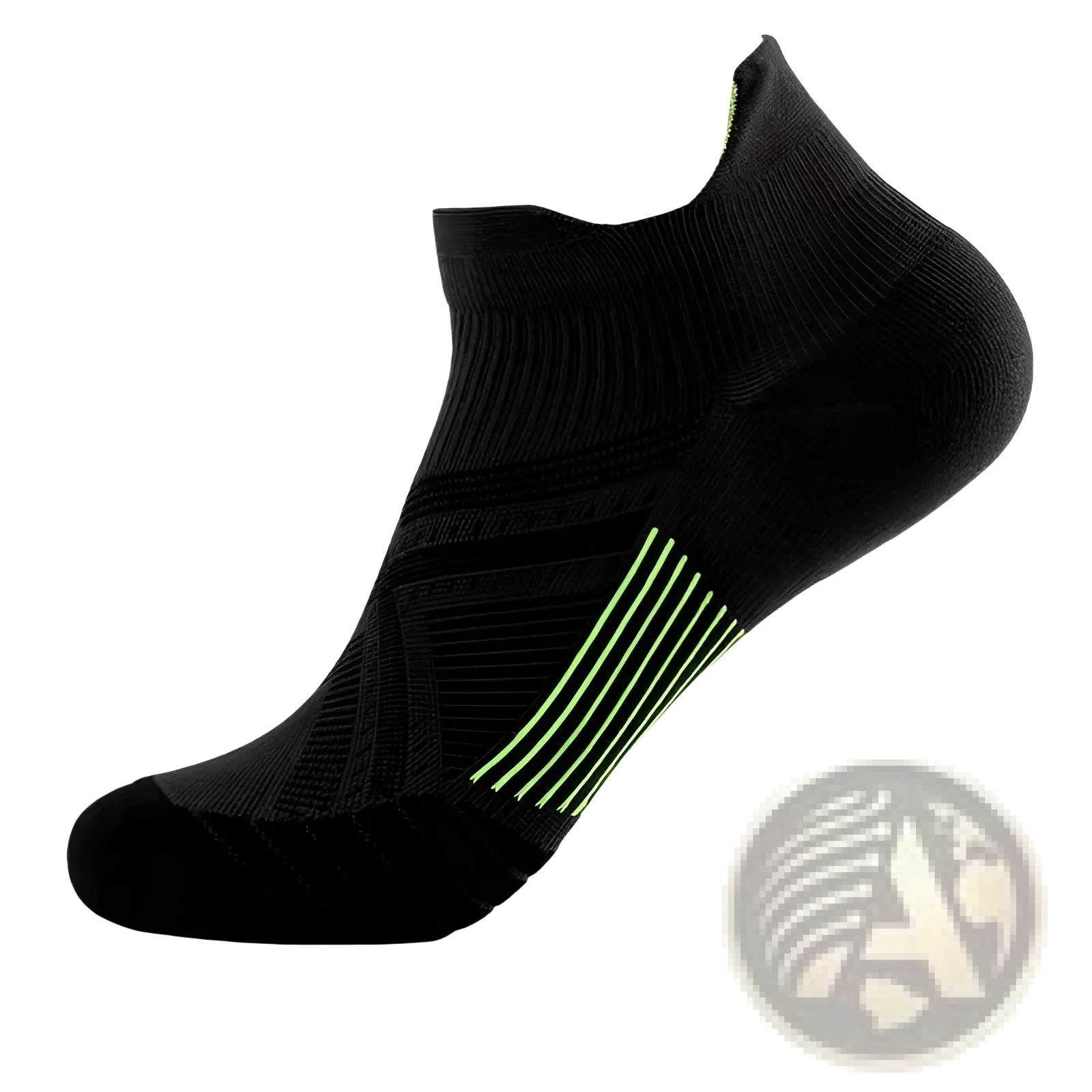 Black nylon compression athletic sock with neon green side stripes designed for soccer footwear use