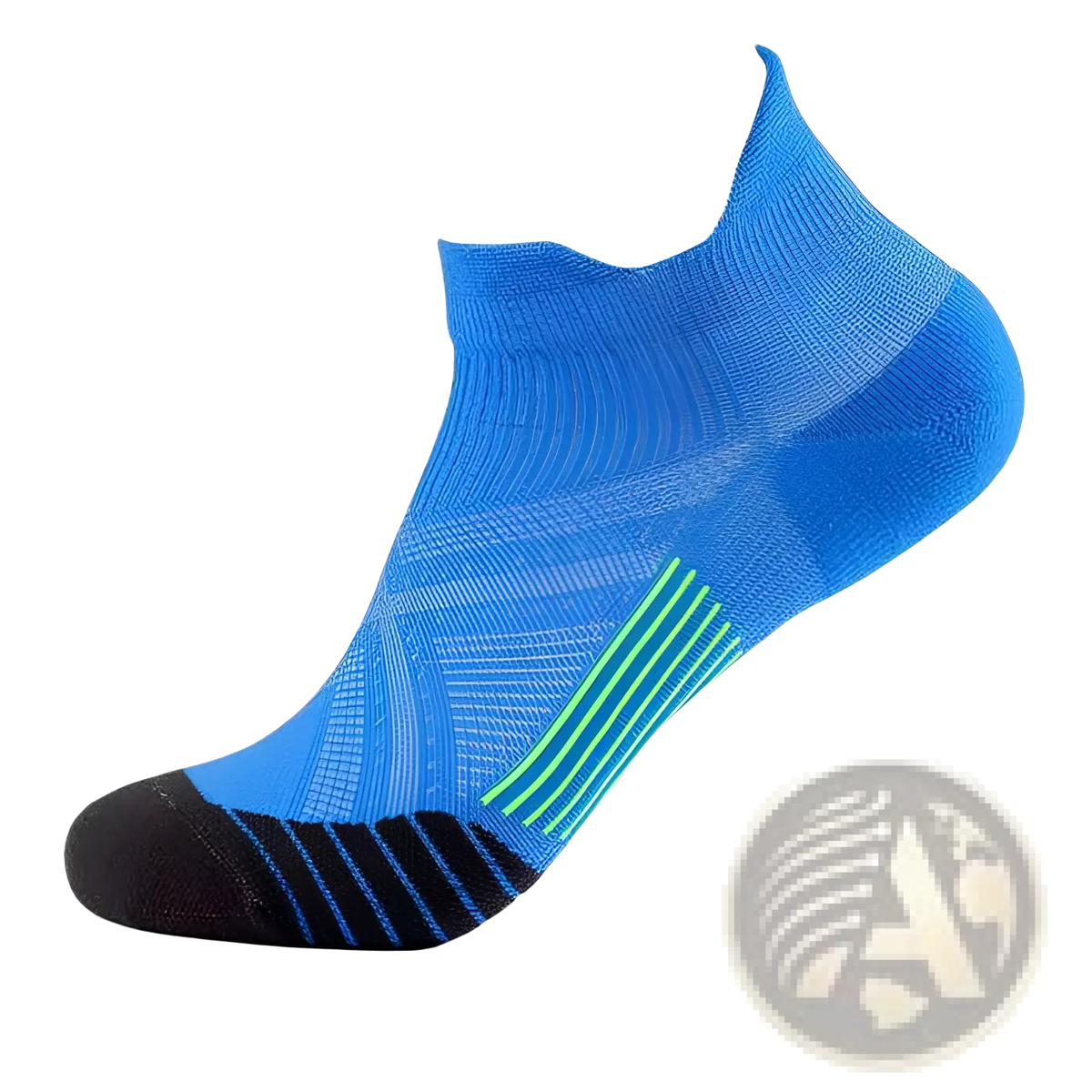 Bright blue compression athletic sock with neon green and black accents made of breathable nylon mesh for soccer