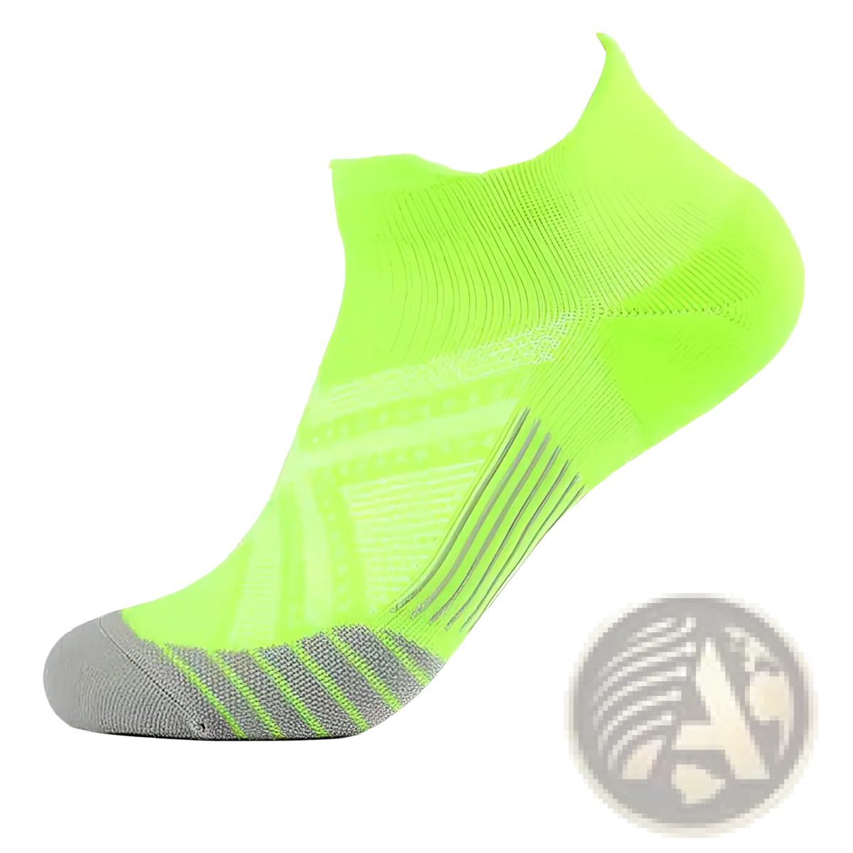 Bright neon green compression athletic sock with gray accents nylon breathable mesh design for soccer footwear