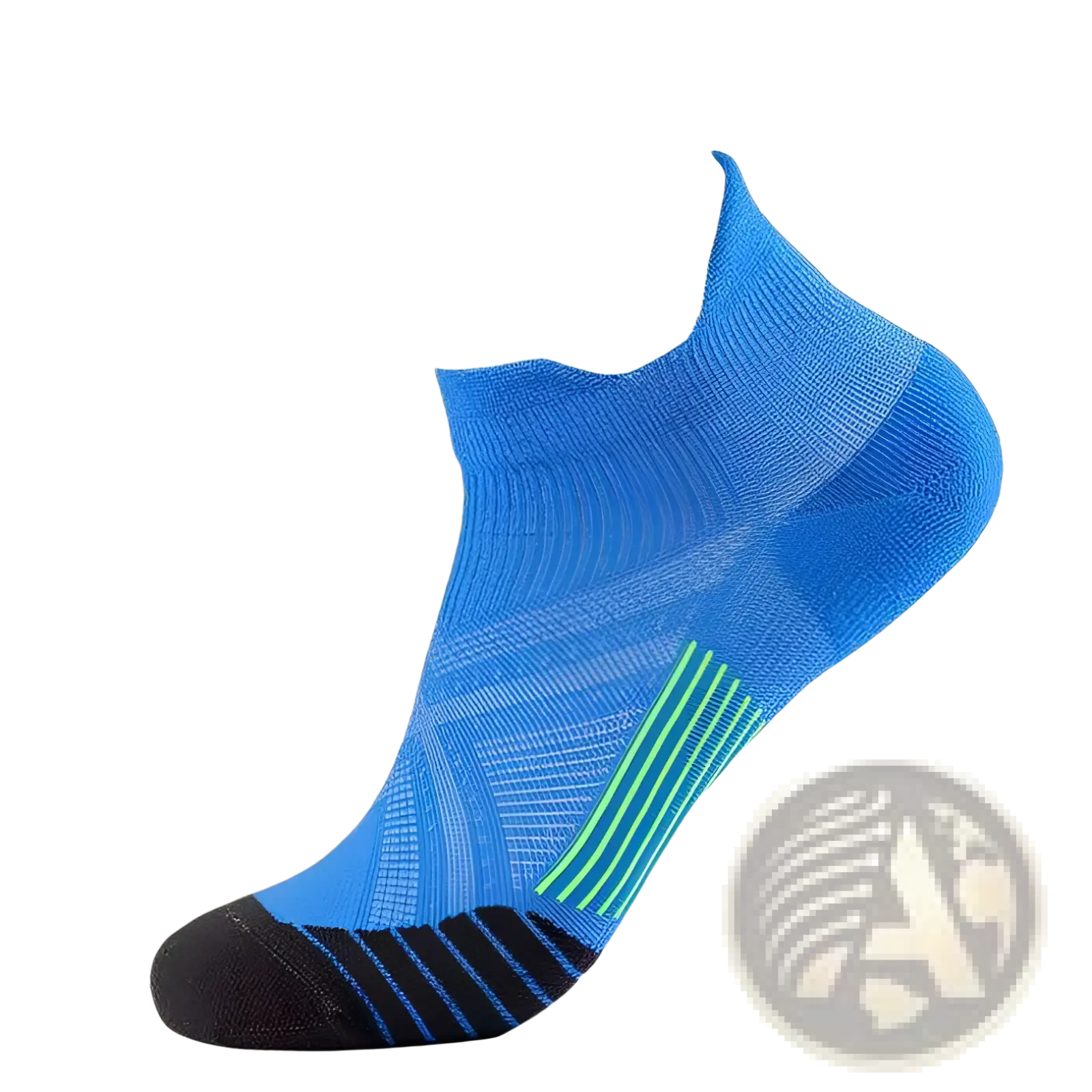 Blue nylon compression athletic ankle sock with neon green stripes and black toe designed for soccer performance wear