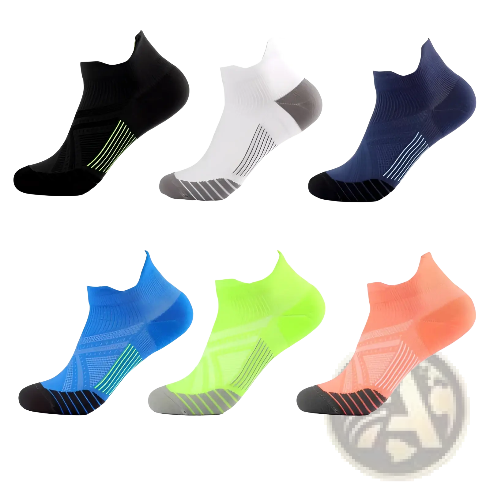 Six pairs of compression athletic nylon ankle socks in vibrant colors for soccer and sports footwear use