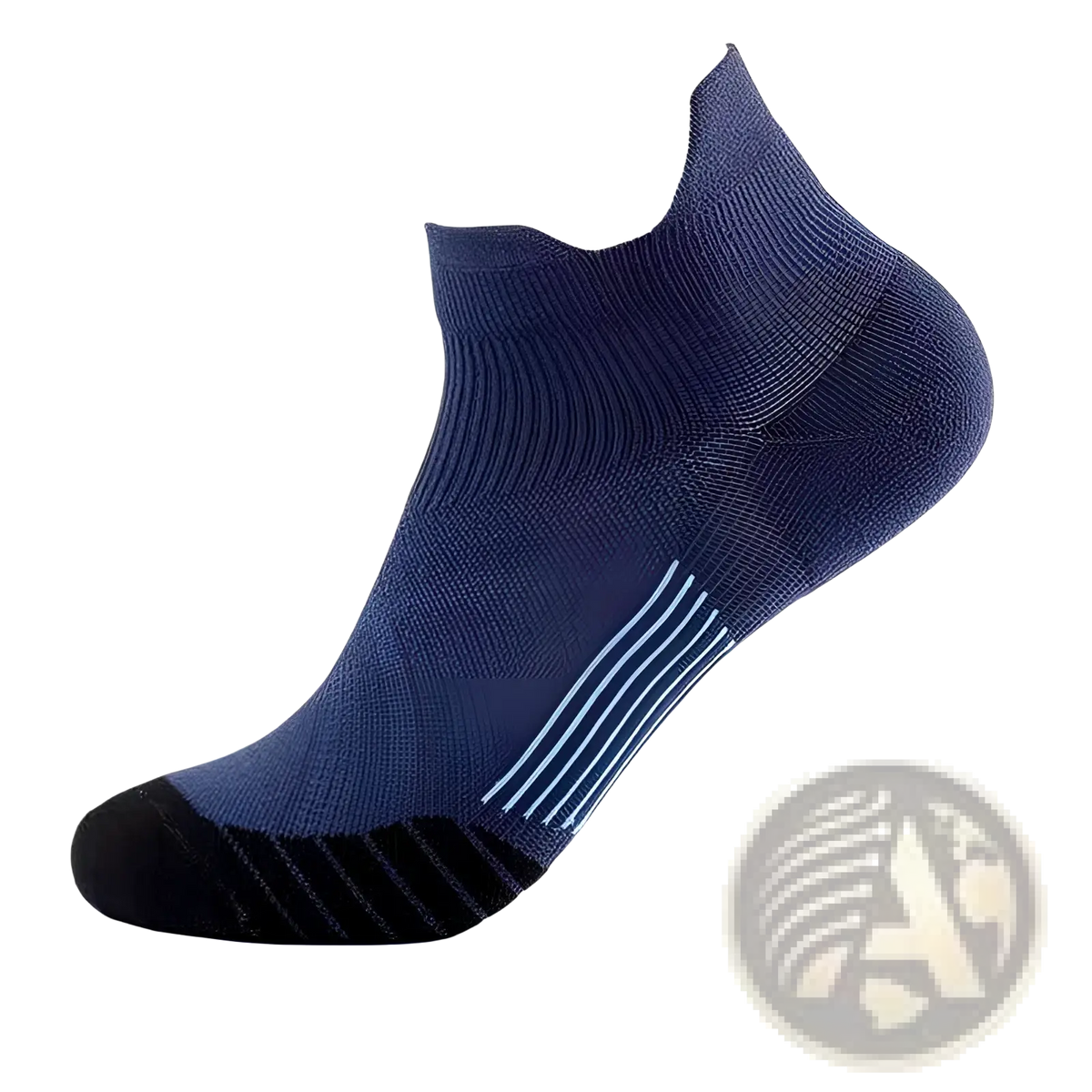 Navy blue nylon compression athletic ankle sock with light blue stripes and black toe for soccer footwear use