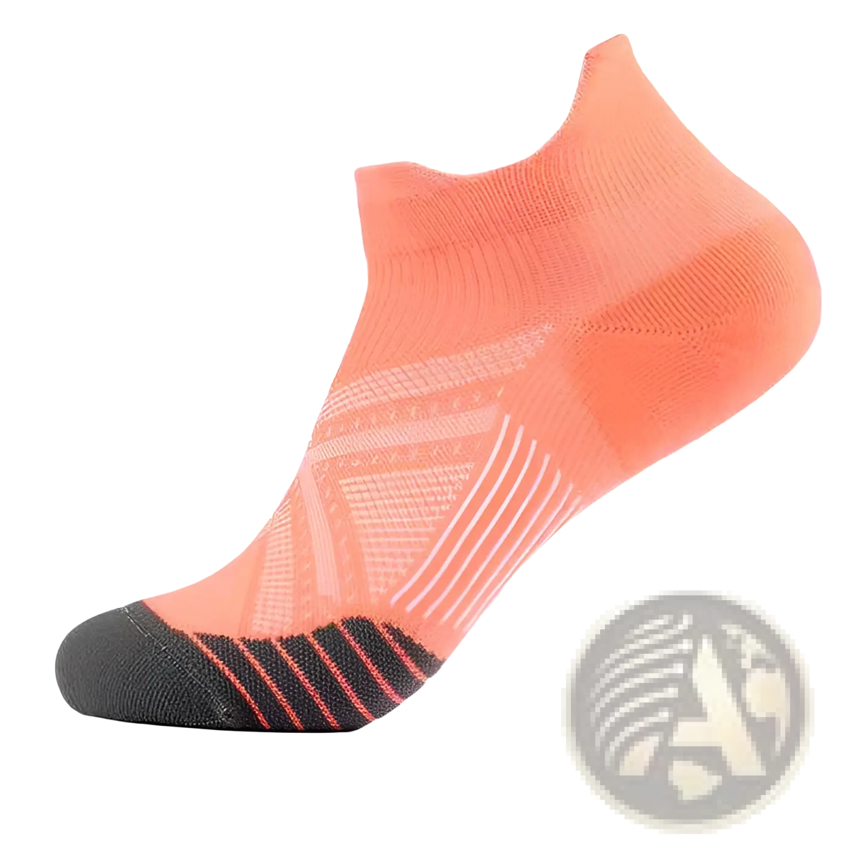 A coral-orange nylon compression athletic sock with black toe and heel and white geometric patterns for soccer
