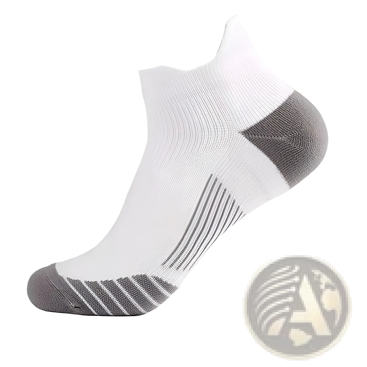 White and gray nylon compression athletic ankle sock with reinforced heel toe and subtle striped footbed detailing