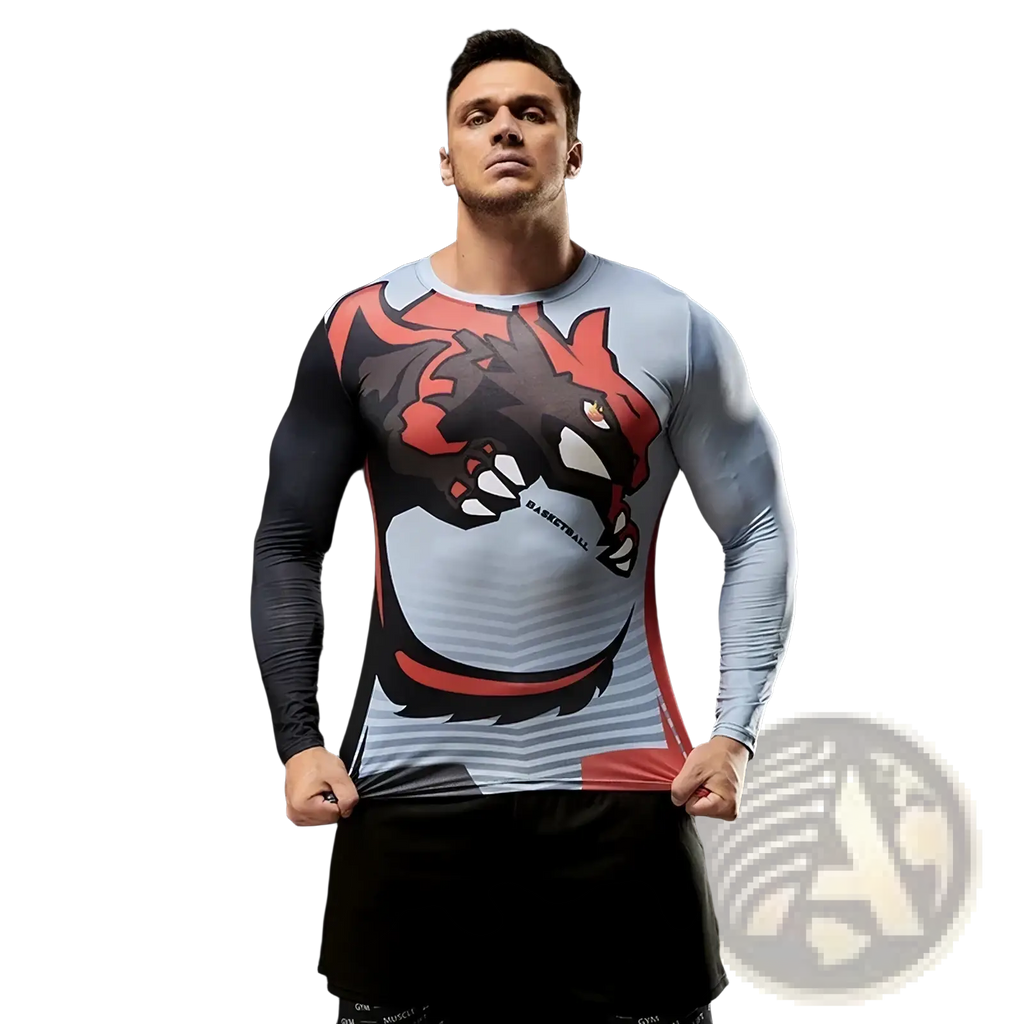 Gray black and red long sleeve compression basketball shirt with dragon print and basketball text on front