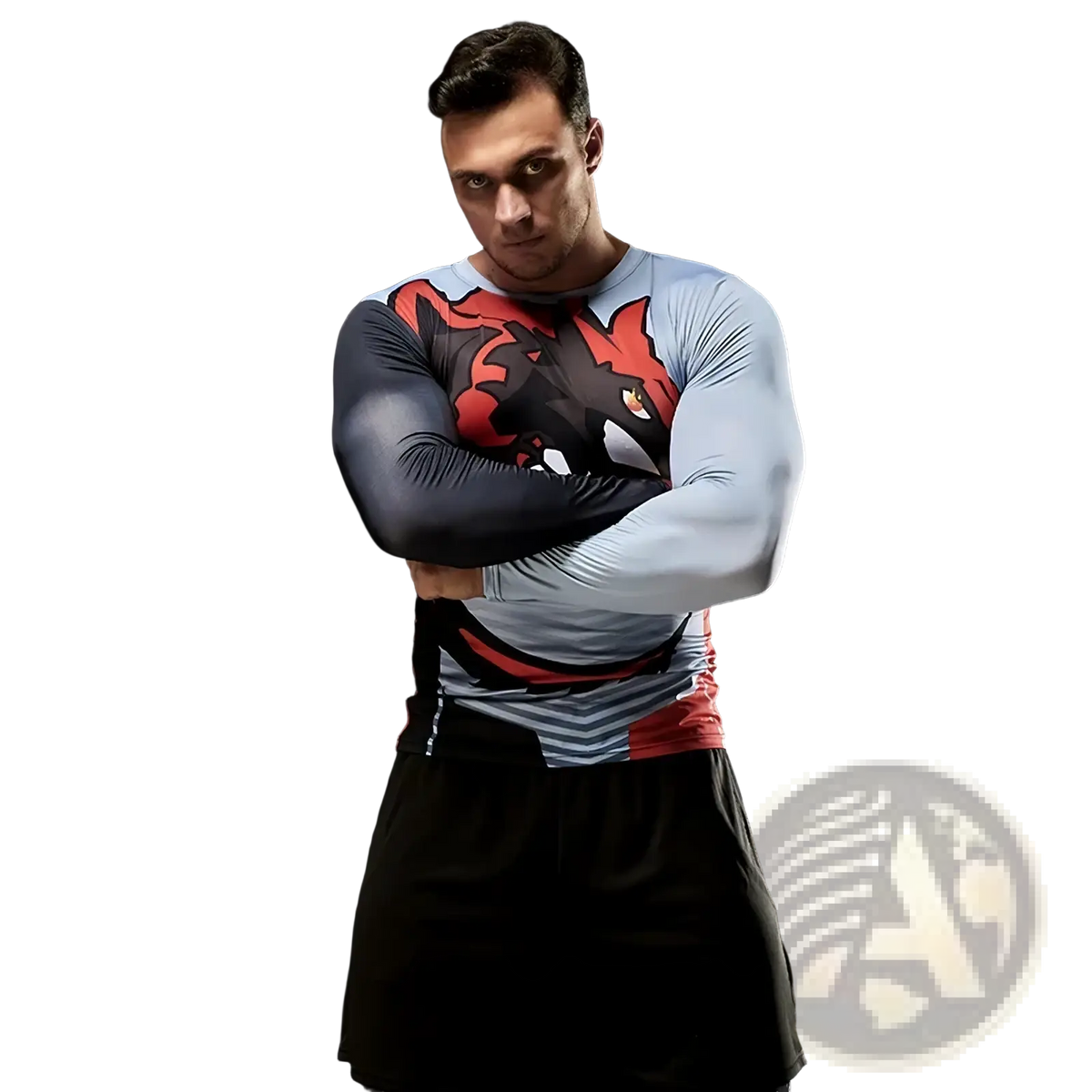 Gray and red long-sleeved compression basketball shirt with a detailed dragon print for athletic performance