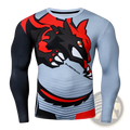 A Zeruisi compression basketball long sleeve shirt with bold red and black dragon graphic on light gray base