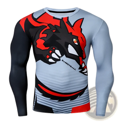 A Zeruisi compression basketball long sleeve shirt with bold red and black dragon graphic on light gray base
