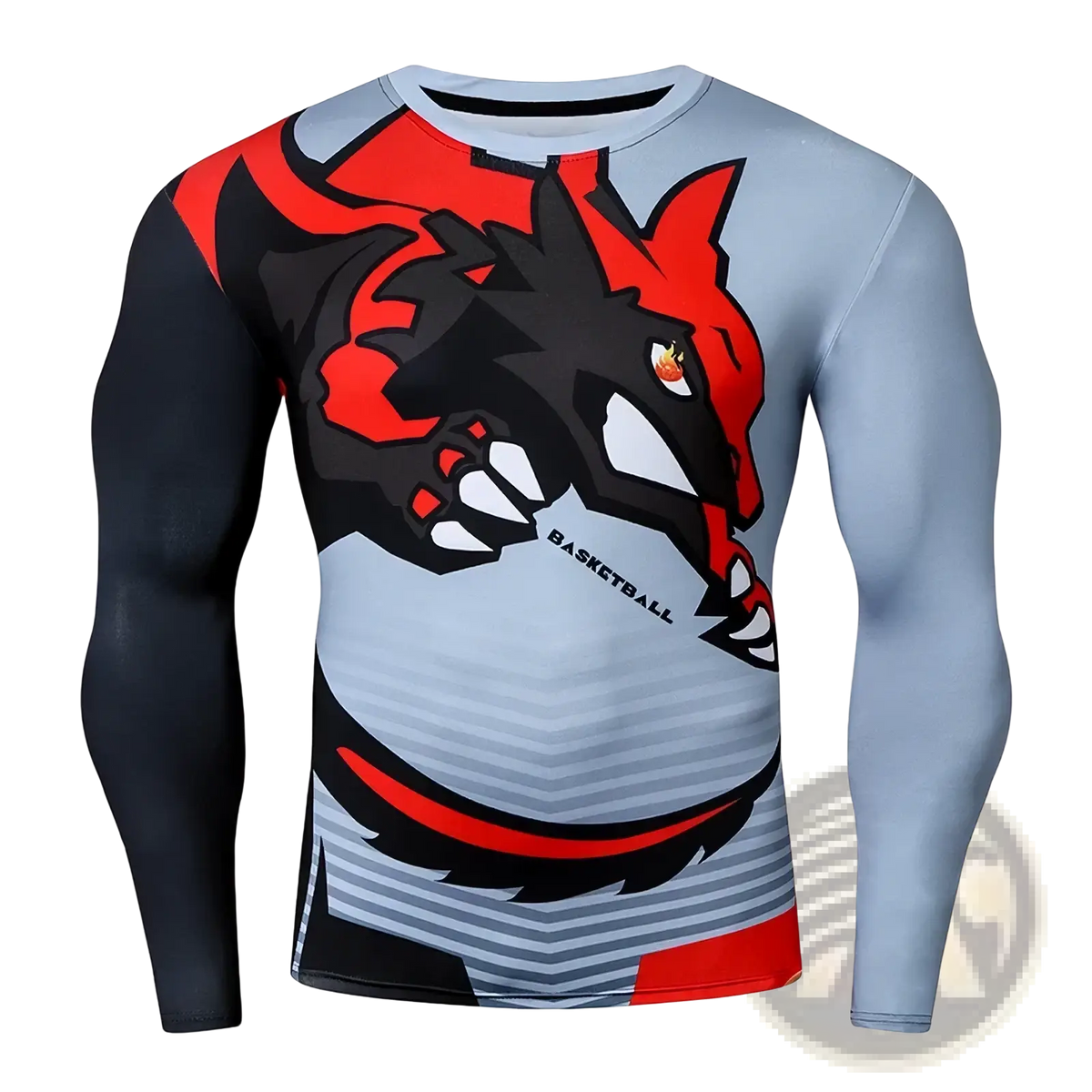 A Zeruisi compression basketball long sleeve shirt with bold red and black dragon graphic on light gray base